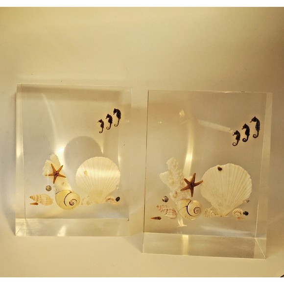 1970 Lucite Acrylic Bookends Nautical Ocean Beach Seashells Seahorses Starfish - Picture 5 of 16